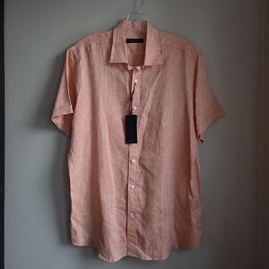 NWT Linen Patrick Assaraf Orange Sorbet Short Sleeve Shirt Harry Rosen M
